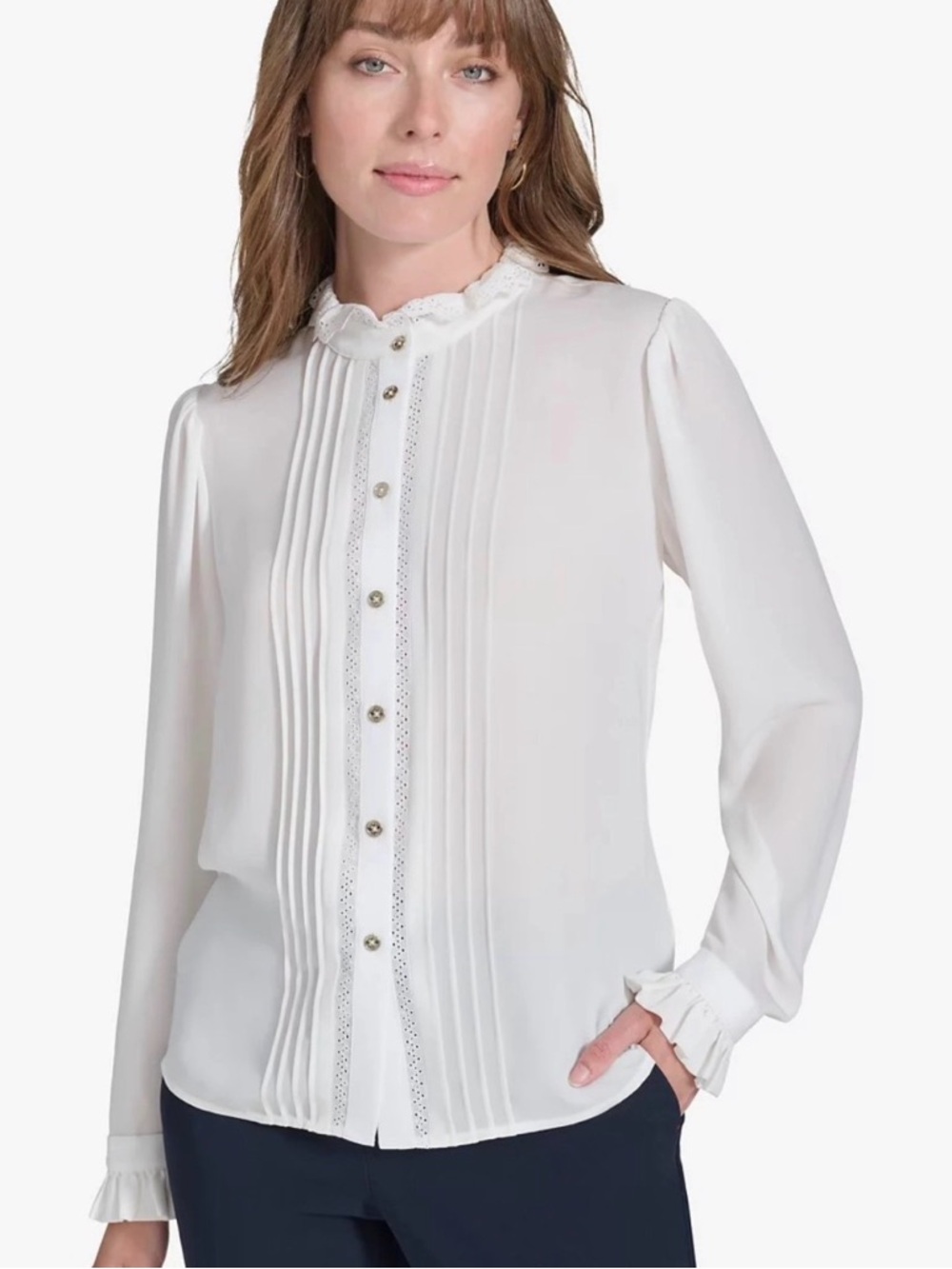 Tommy Hilfiger White Pintuck Ruffle Button-Front Blouse
